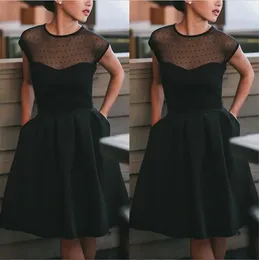 Little Black Cocktail Dresses Sheer Jewel Neck Dotted Tulle Short Knee Length Party Dress with Pockets Cheap High Quality