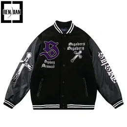 Erkek Ceketler Hi Street Büyük Boyutlu Varsity Beyzbol Ceketi Nakışla Erkek Arkadaş Tarzı Vibe Letterman Ceket Outerwear Deri Kollu 230810