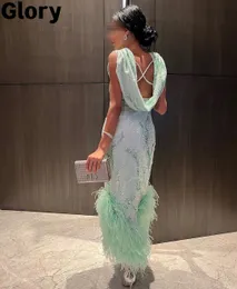 Urban Sexy Dresses Glittering Backless Evening Mint Green Feathers Ankellängd Prom 2023 Design Formell för EID 230810