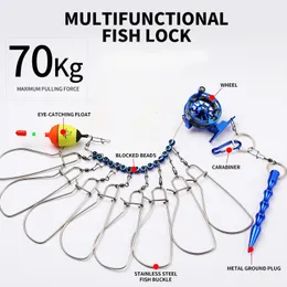 Monofilament Line Fishing Lock Buckle With Reel Stainless Steel Lanyard Live Fish Belt Tackle Stringer Floats 230811