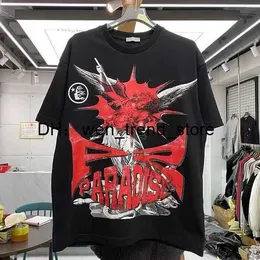 Hellstar Studios Satan Short T 셔츠 플러스 사이즈 남성 티셔츠 레트로 고민 무거운 면화 상판 남자 빈티지 대형 티셔츠 스트리트웨어 티 2 01NG