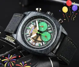 Popular Mens Big Lumious Dial Watches Stopwatch Fabric Belt Clock Quartz Movement Chronograph Sub Dials Working Black Marble Pattern Case Hollow Dial Watch Gifts