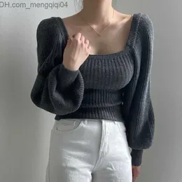 Women's Sweaters Lucifer Sexy Low Cut Square Neck Sweater Women's Vintage Puff Sleeves Slim Fit Knitted Umbrella Jump Autumn Elastic Knit Z230811