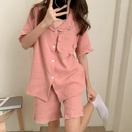 Kvinnors sömnkläderrosa sommarpyjamas Set kvinnor Enkelt breasted skjortor shorts tvådelar hemkläder kawaii hemdräkt ficka