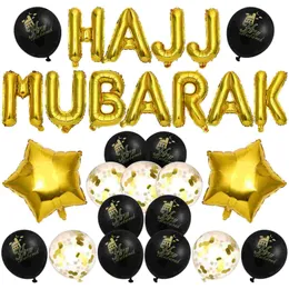 기타 이벤트 파티 용품 Hajj Mubarak Letter Latex 풍선 장식 축하 배경 레이아웃 풍선 세트 Eid al-Black 및 230810