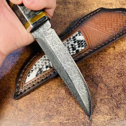 Ny S7209 utomhusöverlevnad Rak kniv 7cr17mov rak punktblad ebenholts handtag fasta bladtaktiska knivar med läderhölje