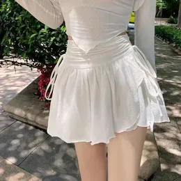 Skirts Lucyever Korean Summer White Mini Skirts Ladies High Waist Irregular Drawstring Pleated Skirt Girly Style All-Match Short Skirts 230811