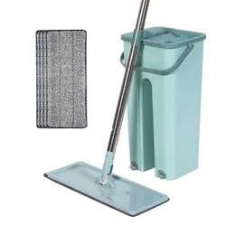 MOPS Hand Free Squeeze Mop Floor With Bucket 360 Roterande platt Hushållsrengöringsverktyg Mikrofiberkuddar Våt eller torr användning 230810