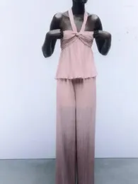 Kvinnors tvåbitar byxor Kvinnor 2023 Summer Chiffon Sexiga byxor Suit Strapleless Solid Sleeveless Top Elastic Waist Female Tops