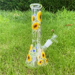 10inch Sunflower Glass Bong Beaker Glow in the dark Smoking Hookah Water Pipe Bubbler Percolator Bongs with Downstem 14mm Male Tobacco Bowl