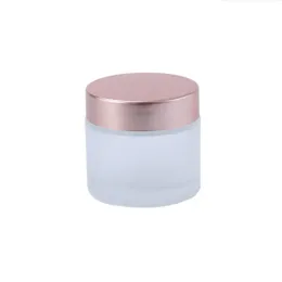Partihandel Frosted Glass Cream Jar Clear Clear Cosmetic Bottle Makeup Lotion Lip Balm Container med Rose Gold Lock Inner Liner30 ML LL