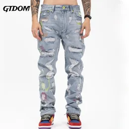 Мужские джинсы Gtdom осень на высокой улице европейские вышивающие отверстия идут со старинными брюками модными парой 230810