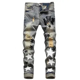 Ripped Patch Men Jeans Fashion Retro Blue Distressed Stretch Slim Fit Pants All-match Denim Trousers Pantalons Pour Hommes342i