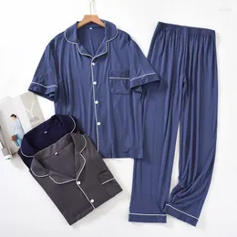 Men's Sleepwear Blue Modal Sleep Set Pajamas Suit Men Nightgown 2PCS Nightwear Loose Summer Home Wear Shirt&Pants Intimate Lingerie