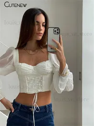 T-shirt a maniche per maniche lunghe con bandage bianca solida di cuttew Women Women Fashion Autumn Fashi