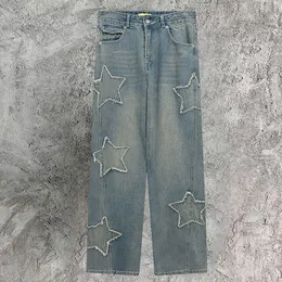 Erkek kot retro yıldız desen renk kontrast dikiş fermuarlar erkek jean hombre sokak giysisi denim pantolon giyim rahat pantalones homme 230810