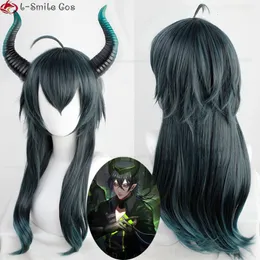 Cosplay perukları anime bükülmüş wonderland malleus dracqma cosplay peruk 55cm uzun saç boynuz ısıya dayanıklı sentetik parti peruk peruk kapağı 230810