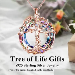 قلادة قلادة Sier Celtic Family Tree of Life Necklace for Women Round Rainbow Crystal Hight Girls Friends Mom بالجملة DHV5O