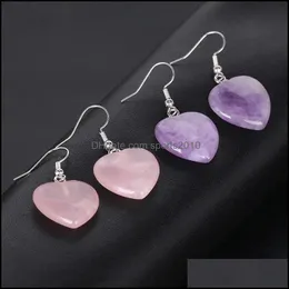 Konst och hantverk Natural Stone Heart Charms Drop örhängen Reiki Healing Hexagonal Dingle Amethyst Lapis Pink Crystal Earring Women Pi Dhkan