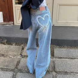 Ny design kvinnors höga midja jeans jeans back love hjärttryck brett ben lösa långa byxor byxor sml