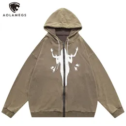 Mens Hoodies Sweatshirts Aolamegs Streetwear Hip Hop Hoodie Washed Ghost Shadow Graphic Jacket Coat Harajuku Zipper Long Sleeves Men 230810