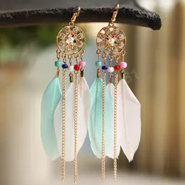 Bohemian Pearl Flower Long Feather Earrings For Women Hollow Round Vintage Boho Chain Beads Handmade Wedding Earrings Jewelry