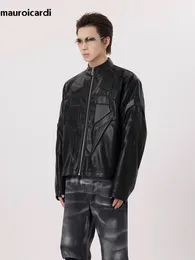 Erkek Ceketler Mauroicardi Sonbahar havalı yakışıklı kısa siyah üç boyutlu PU deri ceket erkekler stand yaka zip up lüks tasarımcı kıyafetleri 230810