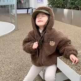 Jackets Kids Cute Bear Hooded Jackets for Girls Plush Warm Winter Coat 37 Years Children Outerwear 2022 Fashion Korean Style Clothes x0811