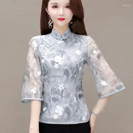 Ethnic Clothing Cheongsam Women's Plus Size Tops 2023 Summer Fashion Chiffon Jacquard Splicing Hollow Out Chinese Style Retro Qipao Shirts