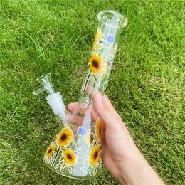 Glow in the dark 10 Inch Sunflower Glass Bong Smoking Water Pipe Beaker Hookah Filter Pipes Bubbler with Downstem & 14mm Male Tobacco Bowl