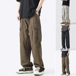 Men's Pants Men Cargo Large Pockets Solid Color Elastic Waist Straight Streetwear Wide Leg Baggy Jeans Ankle-length Y2K