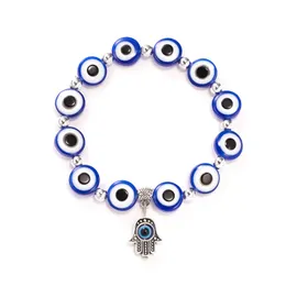 Vintage Silver Plated Fatima Hand Charm Bracelet Flat Round Evil Eye Stretch Bracelets Jewelry