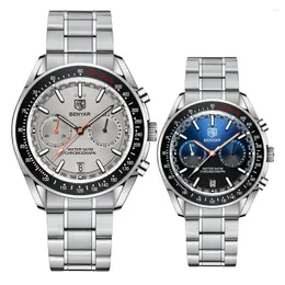 Zegarek 43 mm Benyar Men kwarcowy najlepsza marka 50m wodoodporne paski ze stali nierdzewnej Casual Chronograph Watch