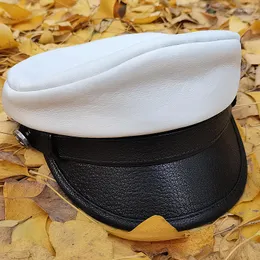 Ball Caps Genuine Leather Captain Hat Men Spring Korean Fashion Short Brim Navy Male High Quality Black White Flat Gorras Hombre