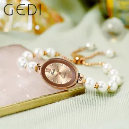 Andra klockor Gedi Luxury Simulated Pearl Armband Watch for Women Waterproof Fashion Quartz Wristwatch Casual Dress Lady Woman Gift 230811