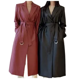 Ny design kvinnors koreanska mode avvisar krage midi lång med bältesasser pu läder trenchrock abrigos