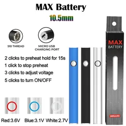 Original Manufacturer Max Battery 10.5mm Diameter Cartridge Batteries USB Passthrough 380mAh Preheat Adjustable Voltage VV Vape Pen for 510 Battery Bottom Charge