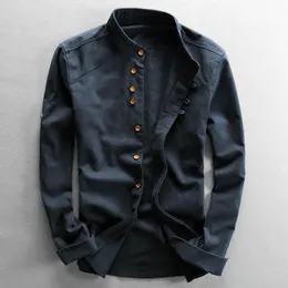 Męskie koszule swobodne koszule Japonia w stylu lniana bawełniana koszulka harajuku stojak kołnierz długie rękaw Slim Fit Solid Color Męskie oddychanie klasyczne topy 230810
