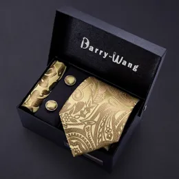 Neck Ties Gold Men Tie Paisley Silk Tie Pocket Square Gift Box Set Barry.Wang Luxury Designer Neck Tie For Men Male Gravat Wedding BB-5150 230811