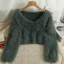 여자 스웨터 가짜 모피 머리 따뜻한 농작물 스웨터 레이디 가을 겨울 단색 긴 소매 v 넥 퍼지 느슨한 풀오버 짧은 점퍼