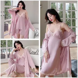 여자 잠자기 핑크 5pcs 파자마 슈트 여성 여름 레이스 패치 워크 잠옷 부어 마피스 라운지웨어 카미 나이트거 kimono 목욕 가운 가운