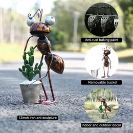 Decorative Objects Figurines Tooarts 13inch Ant Sculpture Iron Cartoon Ant With Removable Bucket Garden or Desk Decor Succulent Flower Pot Trinket Storage 230810