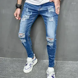 Mäns jeans 2023 Streetwear Men Holes Multi-Color Slim Elastic Motorcycle Denim Pants Autumn Fashion Full Längd byxor