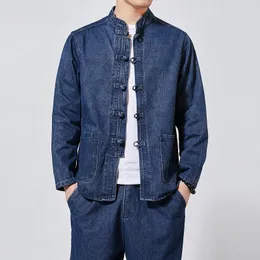 Этническая одежда осенняя китайская китайская китайская костюма для вымытой джинсовой клетчатая куртка для воротнички мужчина повседневная хлопковая пальто