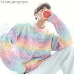 Men's Sweaters Korean Fashion High Quality Gradual Lacing Loose Rainbow Sweater Men's Autumn 2021 New Casual Loose Stripe Harajuku Sweater Z230811