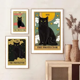 Black Cat The Protector Affischer Black Cat Tarot Canvas Målning trycker Cat Magician Wall Art Bilder för vardagsrum Heminredning WO6