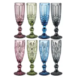 Wine Glasses Cup Colored Glass Goblet Tumblers with Stem Vintage Pattern Embossed Romantic Beers Drinking Champagne Drinkware for Party Wedding Holiday Festival