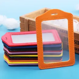 wholesale PU Leather ID Badge Case Clear With Color Border Lanyard Holes Card Badge Holder 11x7CM Office Stationery Supplies LL