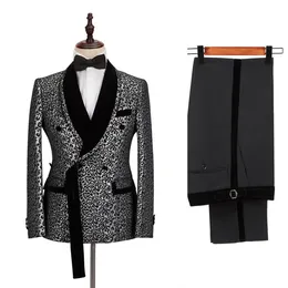 Leopardenmuster Männer Hochzeit Smokedos maßgeschneiderte Schal -Revers -Bräutigam Kee Slim Fit Jacket Anzüge Prom Party Hosen Mantel 2 Stücke