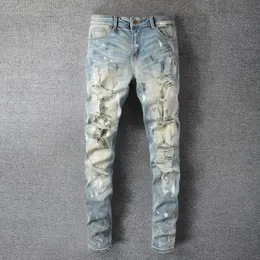 Мужские джинсы высококачественные чернильные брызговые лоскутные изделия. Мужчина -разорванные отверстия.